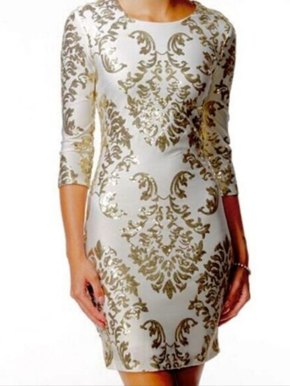 B. Darlin Juniors' Ivory and Gold Sequin Cutout Bodycon Dress